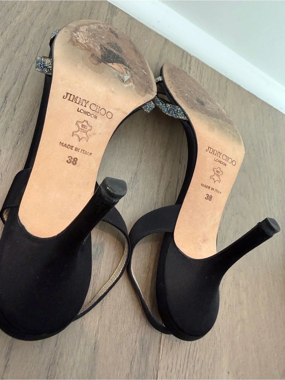 Jimmy Choo India Black Satin Heeled Sandals with Sparkle Straps